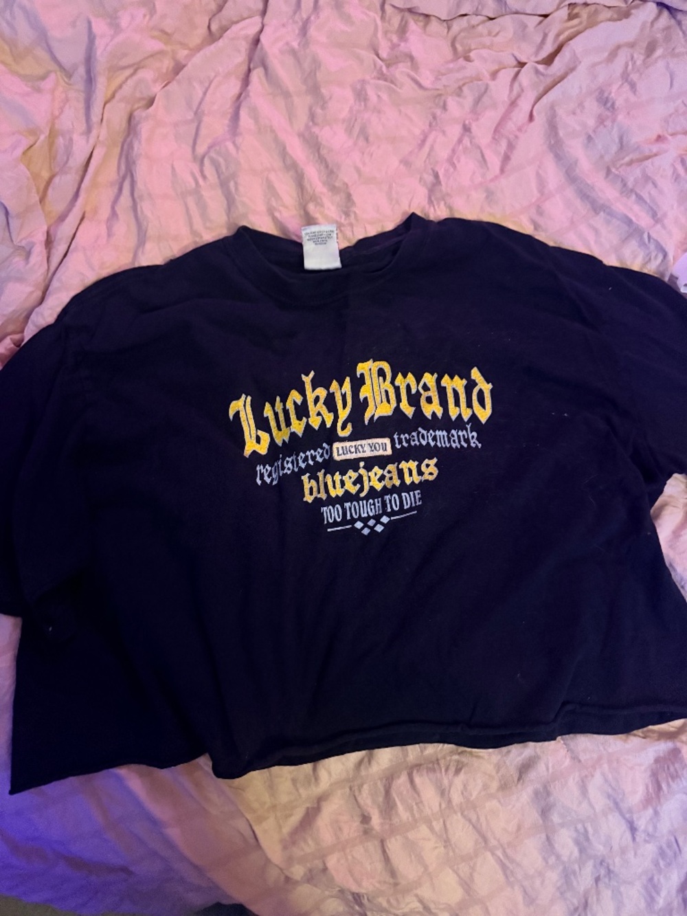 Vintage Lucky Brand Blue Jeans Graphic Cropped Tee Shirt USA Made M